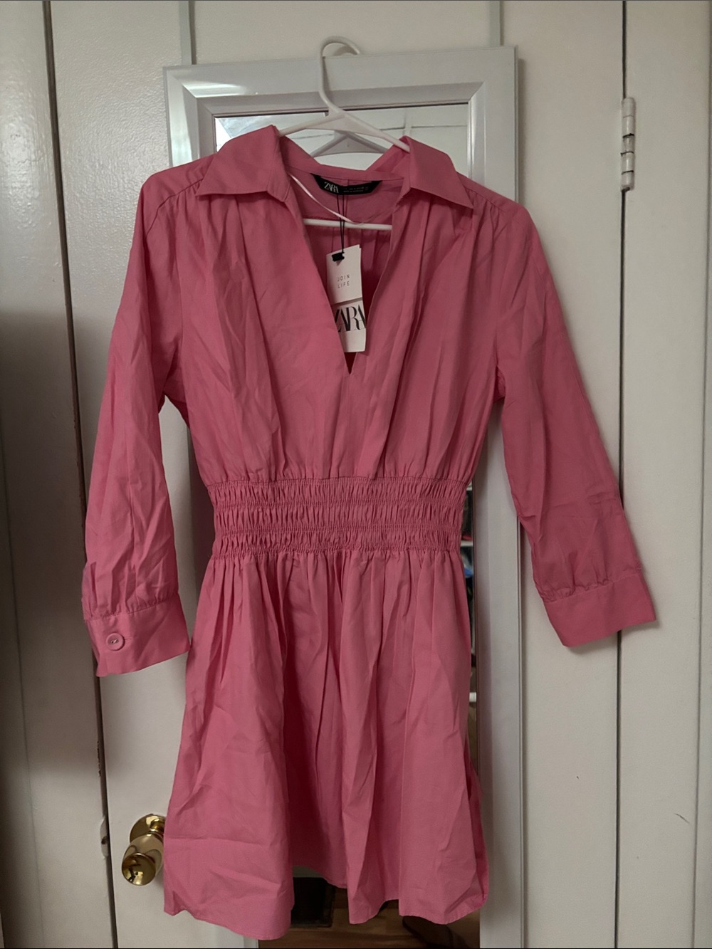 Zara Rose-Pink Collared Smocked-Waist Dress